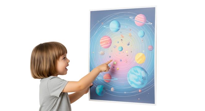 Child Girl Pointing at Colorful Planetary Solar System Illustration on Interactive Display