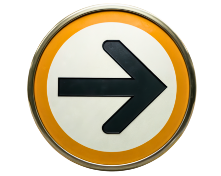 Vintage round directional sign with black arrow pointing right on a transparent background