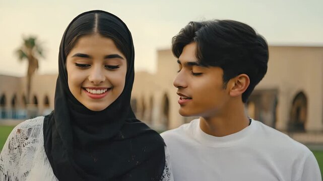 Happy Muslim Couple Smiling at Each Other in Romantic Outdoor Scene with Palm Trees and Traditional Architecture in the Background