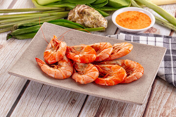 Delicous boiled tiger prawn with sauce