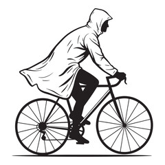 Naklejka premium Silhouette of a person cycling in the rain wearing a raincoat on a bicycle