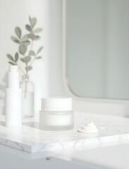 Fototapeta premium Cream Jar Duo with Eucalyptus on Marble Decor