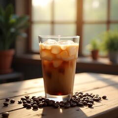 Iced Coffee with Milk Swirl in Clear Glass on Wooden Table