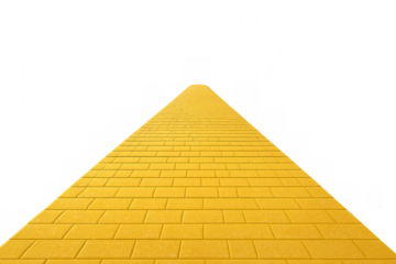 Yellow brick road stretching into distance, symbolizing winding path, journey's potential, adventure's promise against transparent backdrop