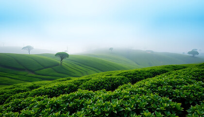Lush green tea plantation on rolling hills with trees in misty weather.