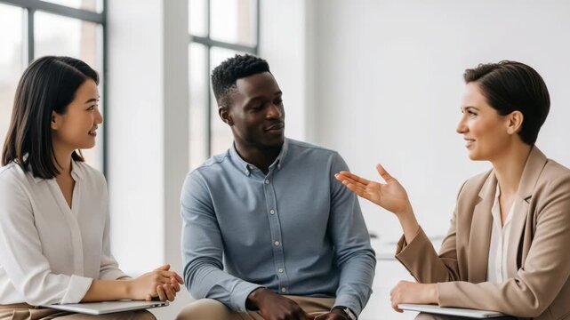 Diverse group of three business professionals chatting in modern office