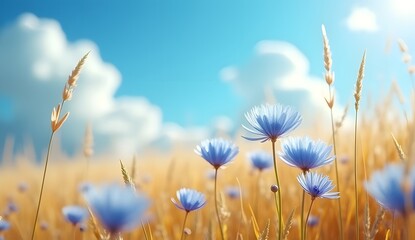 Obraz premium Blue Wildflowers Blooming in Golden Wheat Field under Sunny Sky