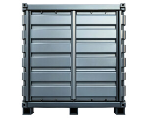 Industrial metal storage container with reinforced frame and secure doors on a transparent background