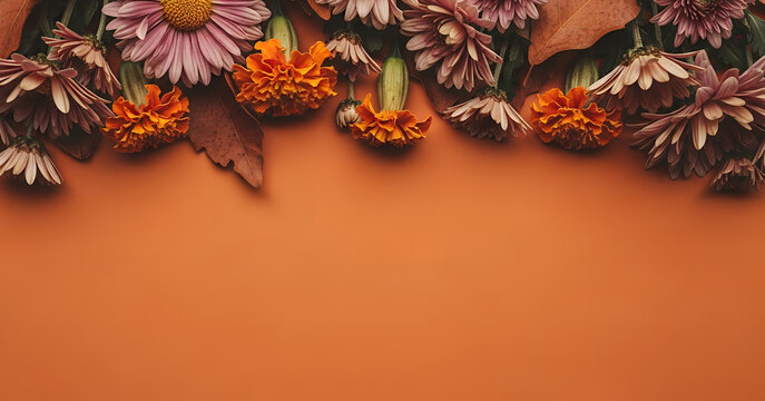 Floral layout of autumn tones featuring marigolds and chrysanthemums arranged above brown leaves, capturing seasonal elegance with earthy color contrast and softness. - Powered by Adobe