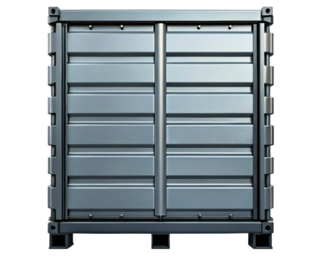 Industrial metal storage container with reinforced frame and secure doors on a transparent background