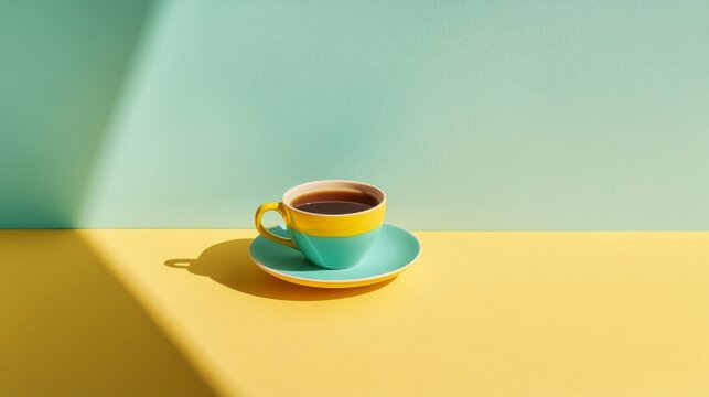 pastel yellow and blue background with a cup coffee