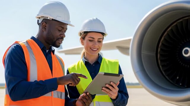 Two diverse aviation engineers in safety vests and hard hats use a digital tablet to inspect a jet engine at an airport, a concept for teamwork, technology, and aircraft maintenance