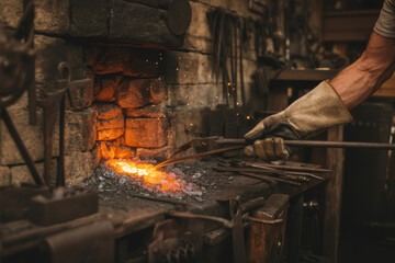 Dedicated Blacksmith Shaping Metal in a Warmly Lit Workshop with Sparks Flying