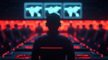 A person monitors multiple digital world maps on screens in a dimly lit, high-tech control room with red and blue lighting.