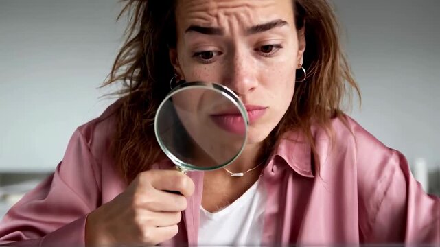 A curious woman uses a magnifying glass to examine information on a laptop screen with a focused expression, a concept for research, data analysis, and fact-checking