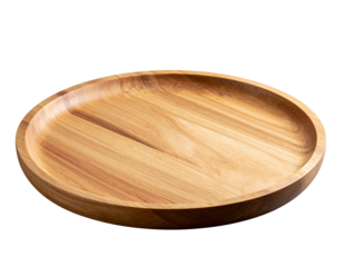  Angled Side View of Empty Rustic Wooden Plate with Curved Rim Isolated PNG