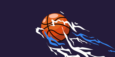 Vector illustration of a basketball on fire, with a dynamic dark background, a flaming basketball, energy around