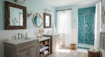 Coastal themed bathroom with aqua tiles mirrors and rustic wood accents for beach house vibes