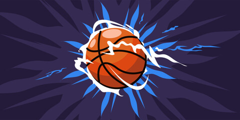 Vector illustration of a basketball on fire, with a dynamic dark background, a flaming basketball, energy around