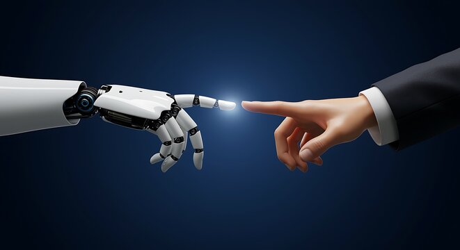 A robot and human hand touch fingers, symbolizing connection and ai