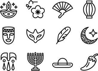 Collection of cultural and religious icons in a clean line art style