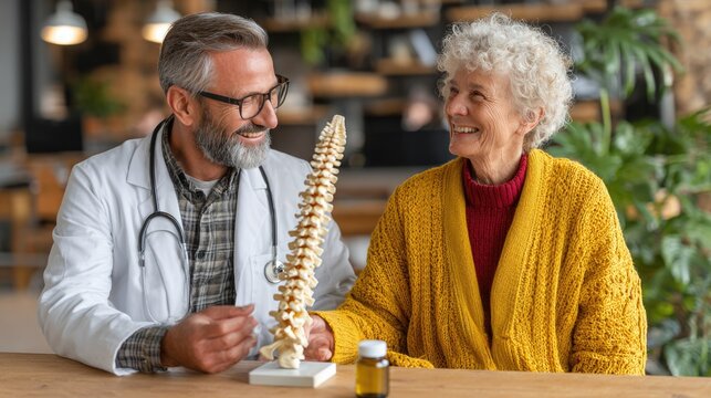 Patient Consultation: A caring doctor provides personalized care. He sits beside the patient to explain her back problem