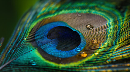  Vibrant peacock feather full screen view, nature-inspired abstract pattern, exotic bird feather design, shiny colorful eye spot, 4k image