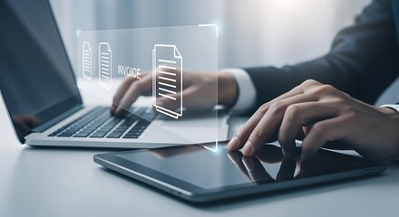 Businessperson Working on Laptop and Tablet with Invoice Icon Overlay
