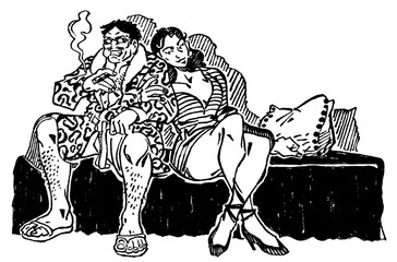 Black and white ink illustration of a woman in a black dress seated beside her mafia husband in a leopard robe, in a mansion with moody vintage vibes