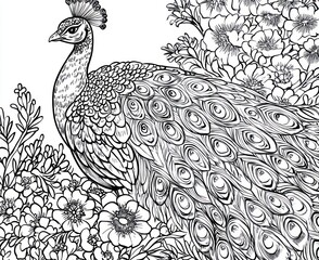 Naklejka premium Detailed peacock illustration surrounded by flowers, suitable for coloring book or print