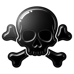 Glossy black skull and crossbones icon with shine on transparent base