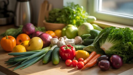 Fresh organic vegetables and fruits on a kitchen counter top near window representing healthy eating and wellness concept with natural light