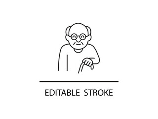 Gentle senior man using walking cane icon with editable stroke conveys care, support, and accessibility for healthcare or senior living designs.