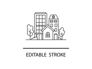 Naklejka premium Modern city living with house and trees, perfect for real estate or urban planning projects, clean line art design for versatile use.