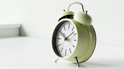 A minimalist white alarm clock with a classic twin bell design. The clock has a round face with simple black hour markers and hands.