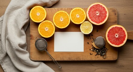 Fresh citrus arrangement with cutting board and blank card for culinary inspiration