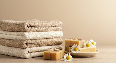 Spa and relaxation concept with soaps, towels, and chamomile flowers