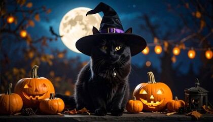 Black cat in witch hat with Halloween pumpkins
