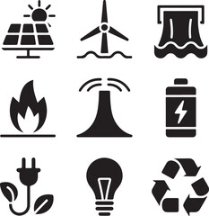 Solar panel wind turbine water power fire battery plug light bulb recycle vector