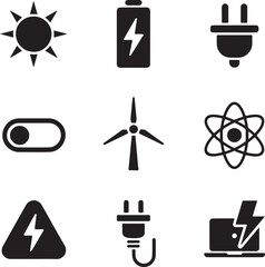 Sun battery plug switch wind turbine atom warning laptop energy power