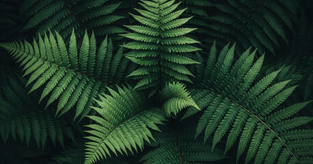 Dense fern fronds form overlapping patterns with vivid green tones that show the detailed texture of nature and a refreshing tropical forest.