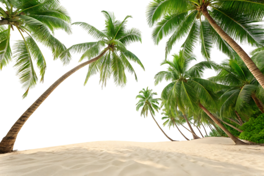 Lush green palm trees sway over pristine white sand beach, perfect tropical paradise getaway scene