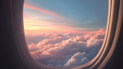 Above clouds view from airplane window showing soft pink and orange sunset sky with fluffy cloudscape and calm atmosphere