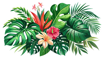 Realistic tropical botanical foliage plants. Set of tropical leaves and flowers: green palm neanta, monstera, hibiscus. Hand painted watercolor illustration isolated on ..