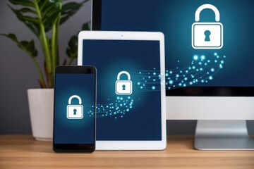Phone, tablet, and computer displaying lock icons, interconnected by digital lines, indicating secure data transfer across devices.