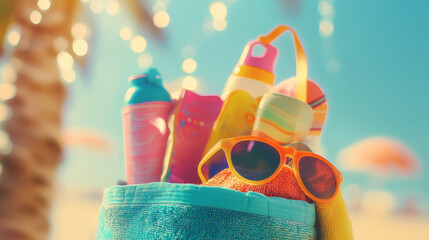 Colorful beach bag filled with vacation essentials.