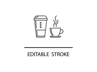 Stylish minimal line art of coffee cup and travel mug for cafe menu design and branding projects, editable stroke for easy customization.