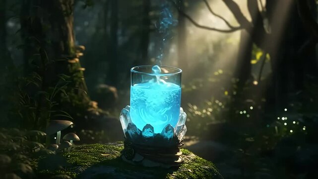 Mystical glowing blue potion bubbling in ornate glass in enchanted forest setting with soft natural light