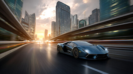 Naklejka premium Speeding Supercar in Urban Landscape, A Testament to Modern Engineering Prowess