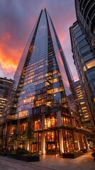 Modern Glass Skyscraper Reflecting Sunset in City Center